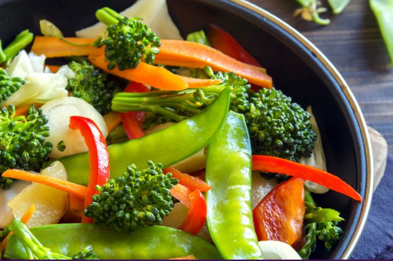 Featured recipe with brocolli, carrots, and sugar peas