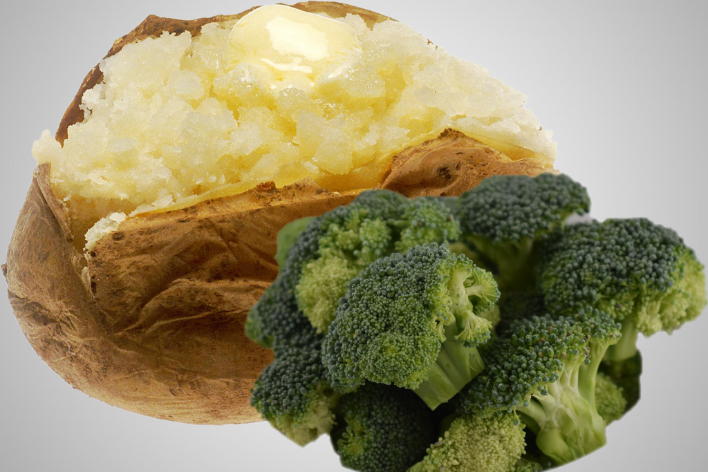 baked potato with butter and steamed broccoli