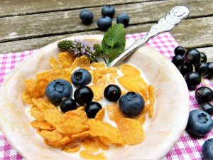 corn cereal with blueberries in white bowl