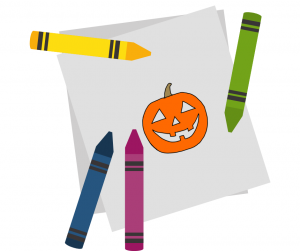 Drawing of crayons and paper coloring a pumpkin