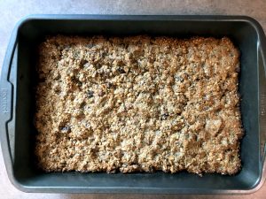 Pan of oat bars on a counter top