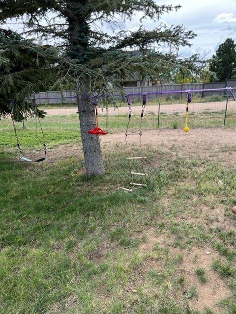 A kids obstacle course with swings, a ladder, and ropes, in a outdoor play space.