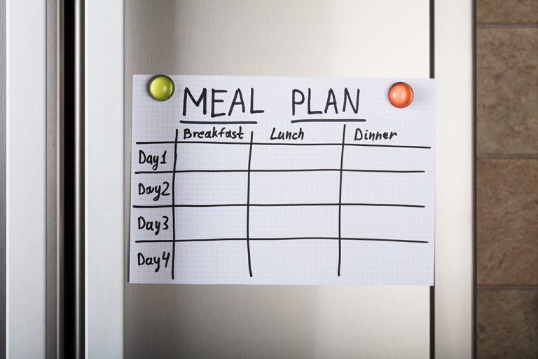 Closeup of daily meal plan paper attached to a fridge with colorful magnets.