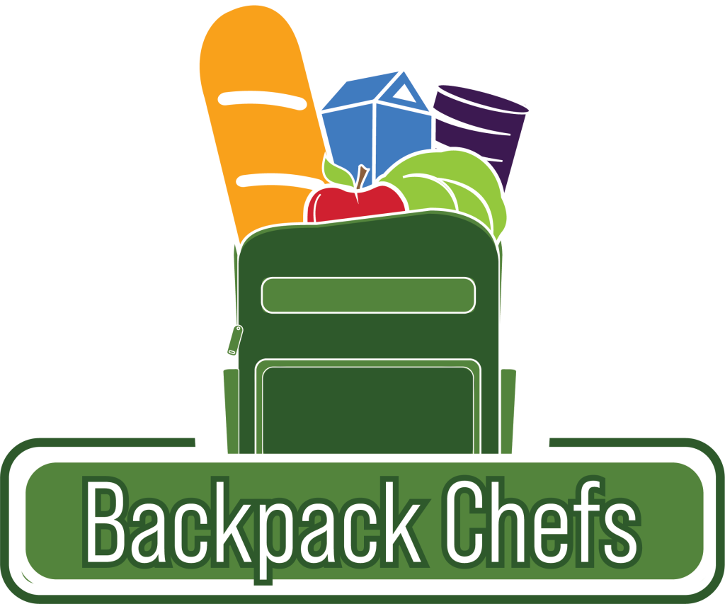 Green backpack icon with bread, milk, apple, cabbage and canned bean icons in it and the words Backpack Chefs below