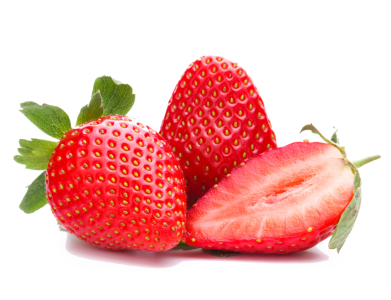 Three strawberries, one cut in half, on a white background