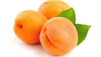 Three apricots with green leaves on a white background