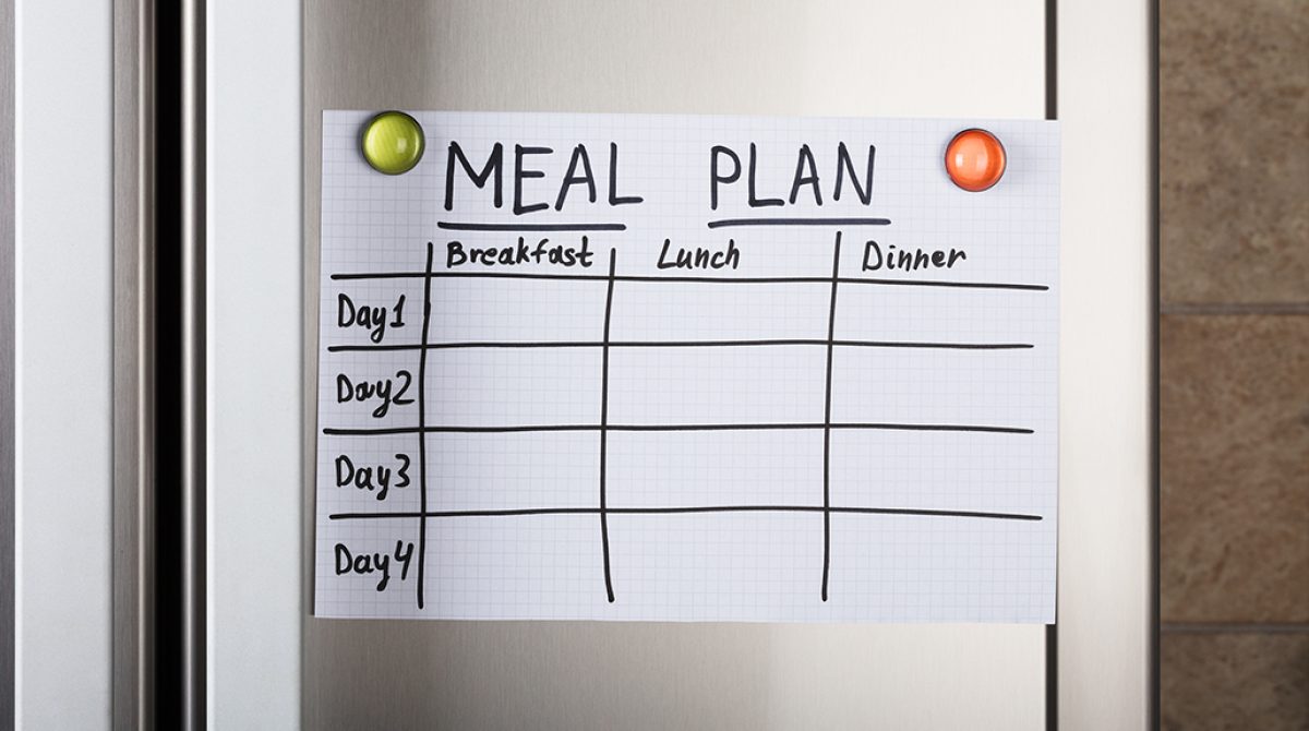 Closeup of daily meal plan paper attached to a fridge with colorful magnets.